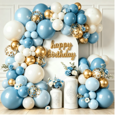 Dusty Blue Balloon Arch Kit， Baby Blue and gold Balloon Sand White Confetti Gold Balloons for Baby Shower Beach Party Birthday Wedding Decorations