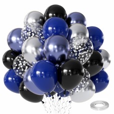 Navy Blue Silver Black Balloons, 60pcs 12 inch Dark Blue and Silver Metallic Balloons Blue Silver Confetti Party Balloons for Graduation Father's Day Birthday Party Decorations